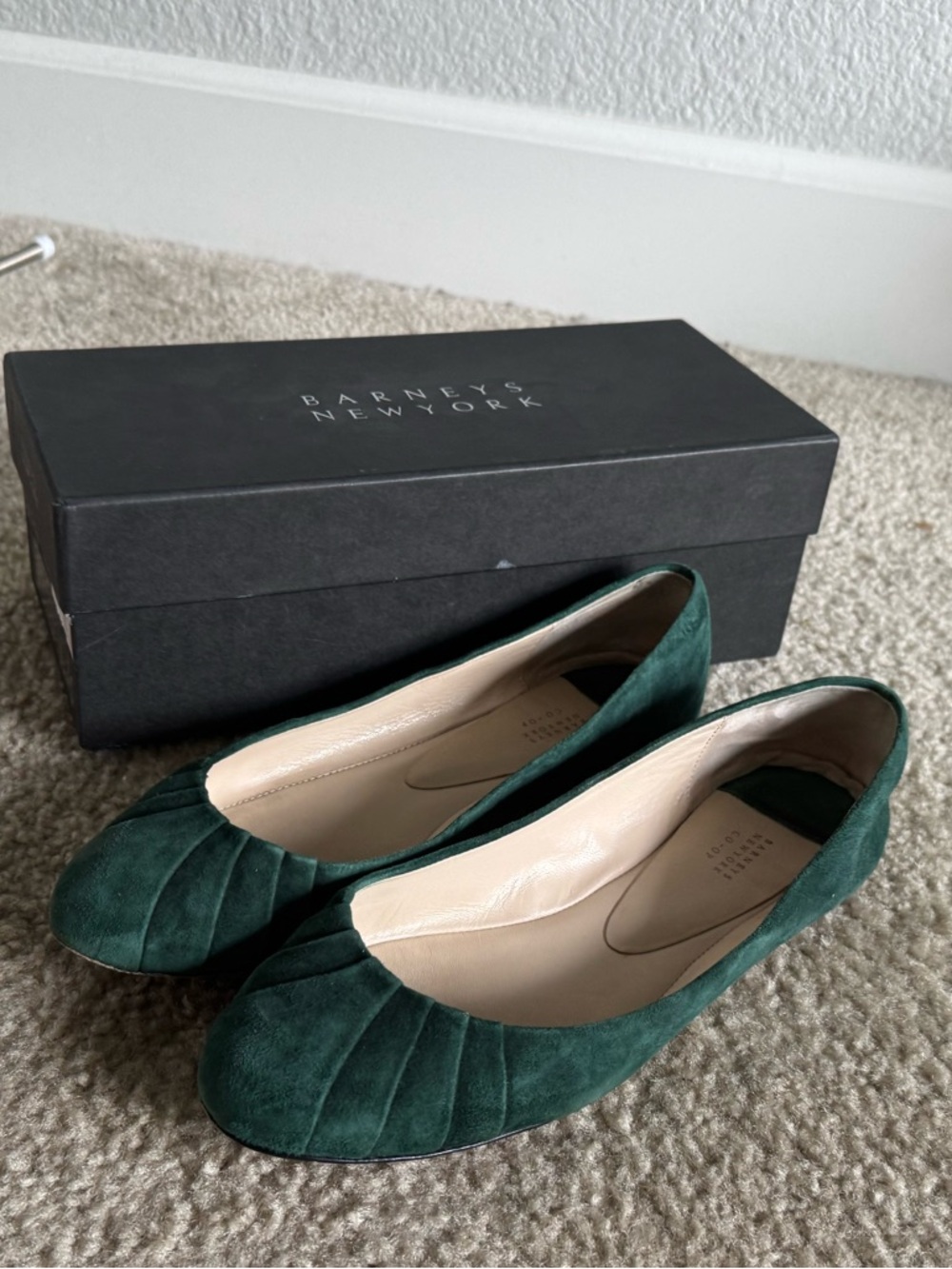 Barneys New York Forest Green Suede Pleated Ballet Flats